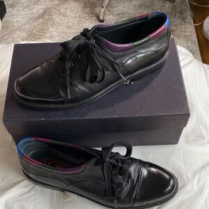 Black Leather Lace-Up Shoes with Multicolor Color Trim Made in Italy 38 1/2